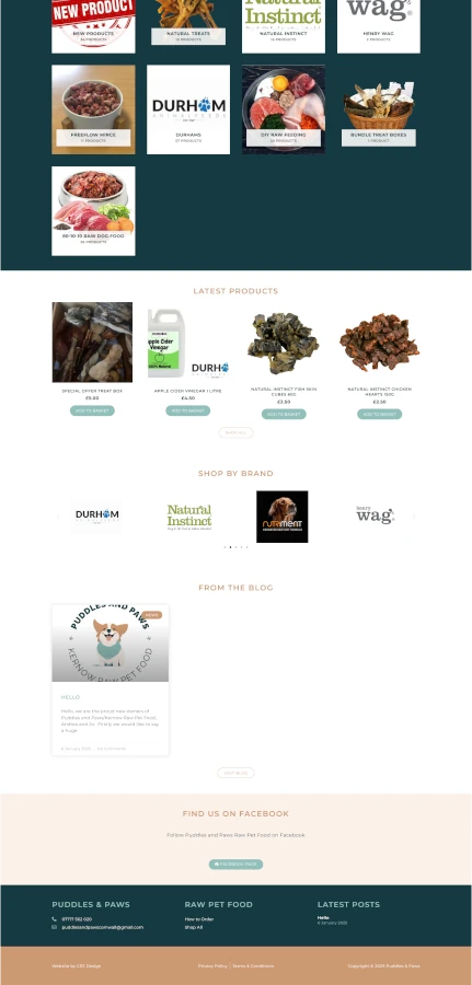 Website for Puddles and Paws Kernow Raw Pet Food