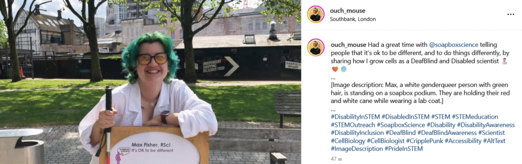 Screenshot of Max's Instagram post for SoapboxScience, showing the image description and Camel Case hashtags within the caption.